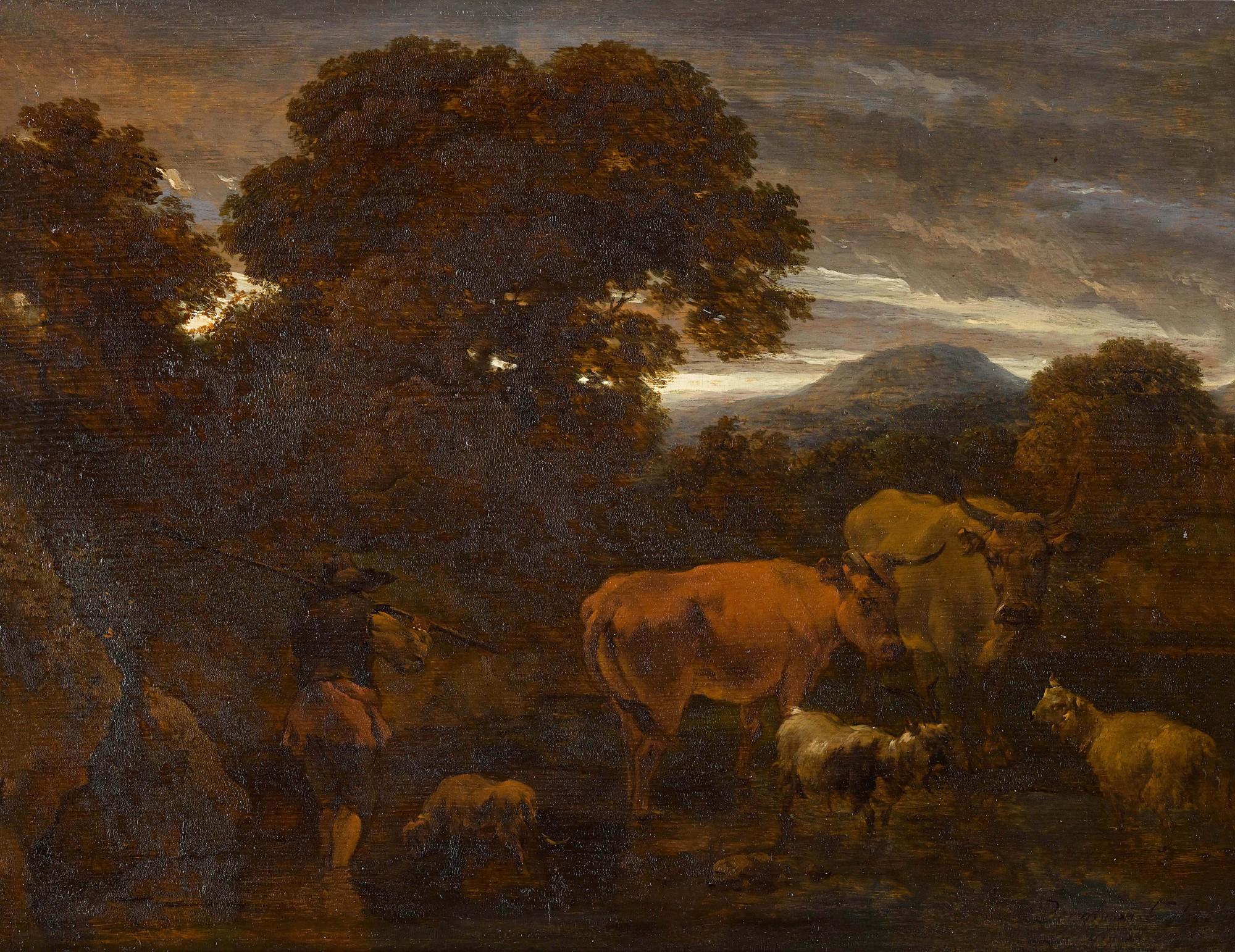 Nicolaes Pietersz. Berchem - Wooded Landscape With A Shepherd And His Cattle Fording A Stream