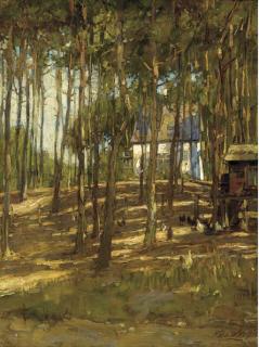 Nicolaes Van Der Waay - Chickens before a woodland cottage