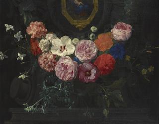 Nicolaes Van Veerendael - A Garland Of Flowers Surrounding A Cartouche With The Virgin And Child