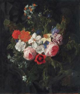 Nicolaes Van Veerendael - A swag of roses, carnations, narcissi, harebells, thistles, a poppy, a daffodil, a crocus, and other flowers hanging before a stone cartouche