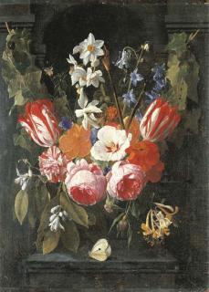 Nicolaes van Veerendael - A swag of tulips, peonies, carnations, narcissi and other flowers with a butterfly in a stone niche