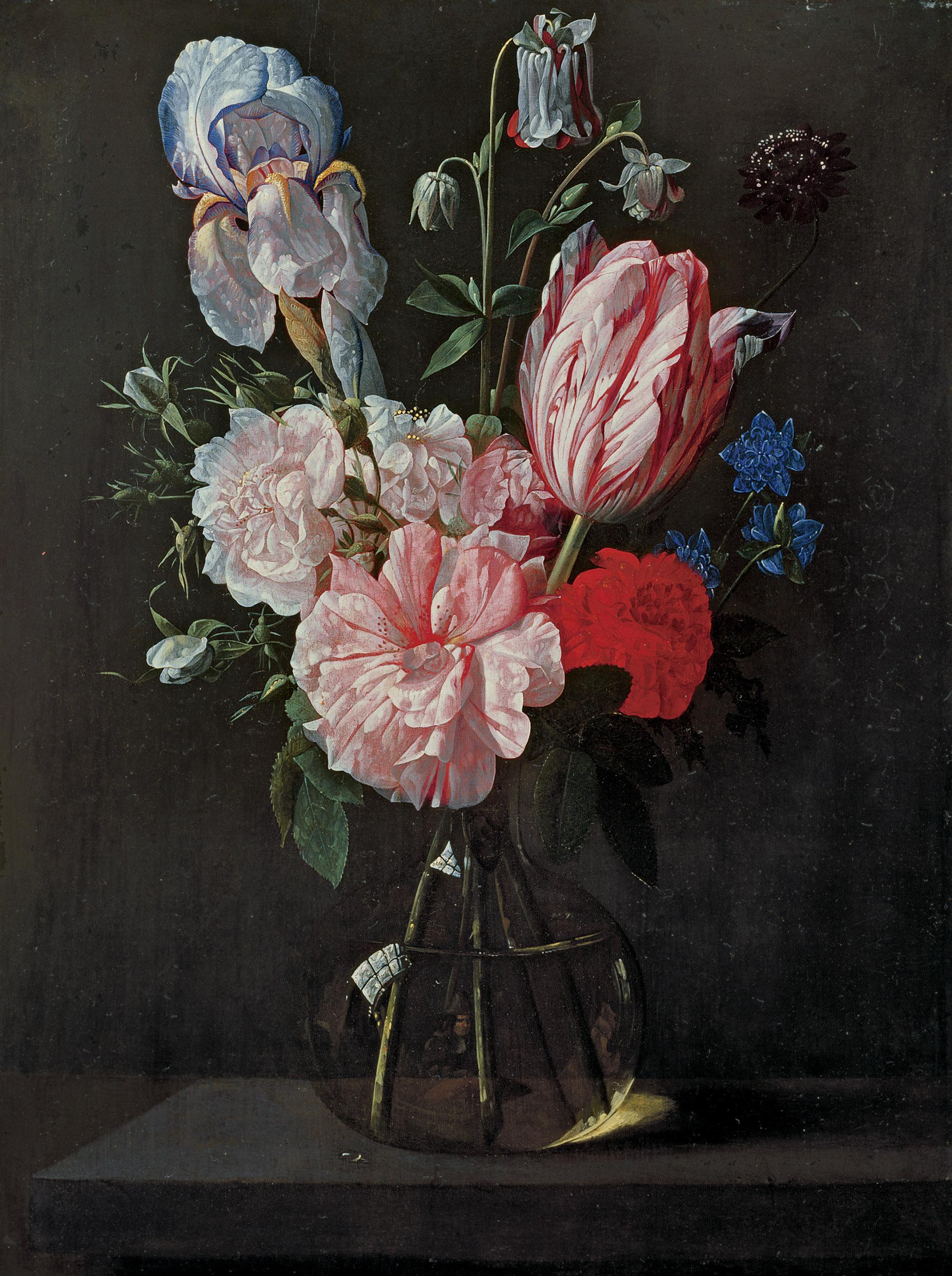 Nicolaes van Veerendael - A tulip, roses, iris and other flowers in a glass vase on a ledge