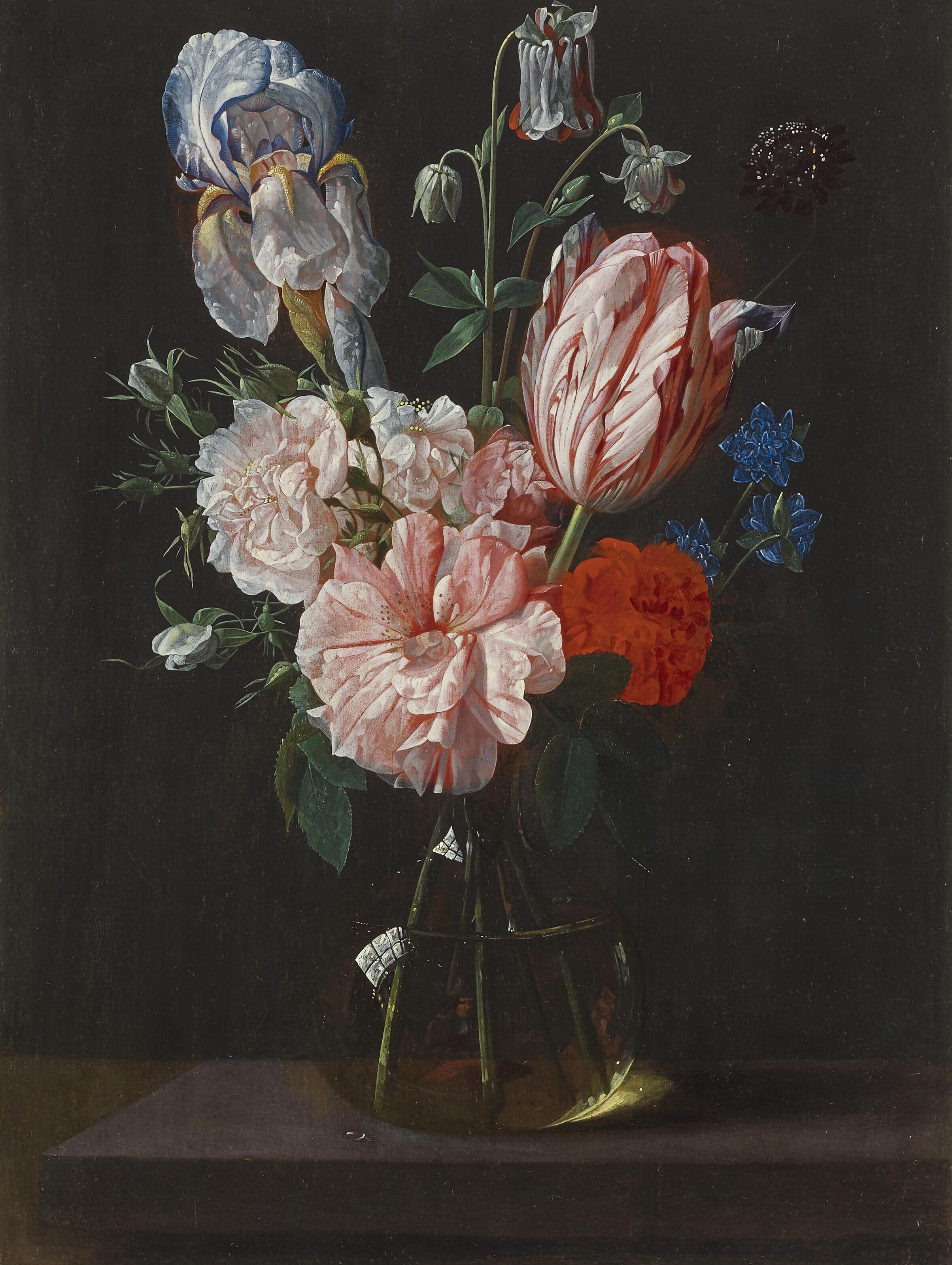 Nicolaes Van Veerendael - A Tulip, Roses, Iris And Other Flowers In A Glass Vase On A Stone Plinth