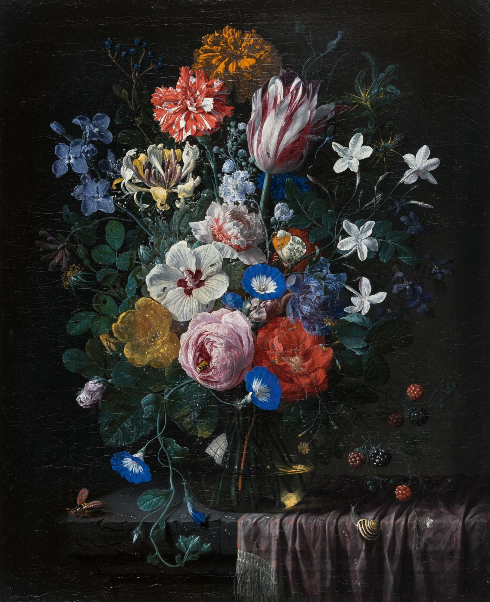 Nicolaes van Veerendael - Blumenstrauß mit Rosen, Tulpe, Hibiskus und Brombeeren
