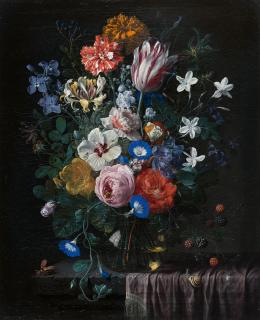 Nicolaes van Veerendael - Blumenstrauß mit Rosen, Tulpe, Hibiskus und Brombeeren