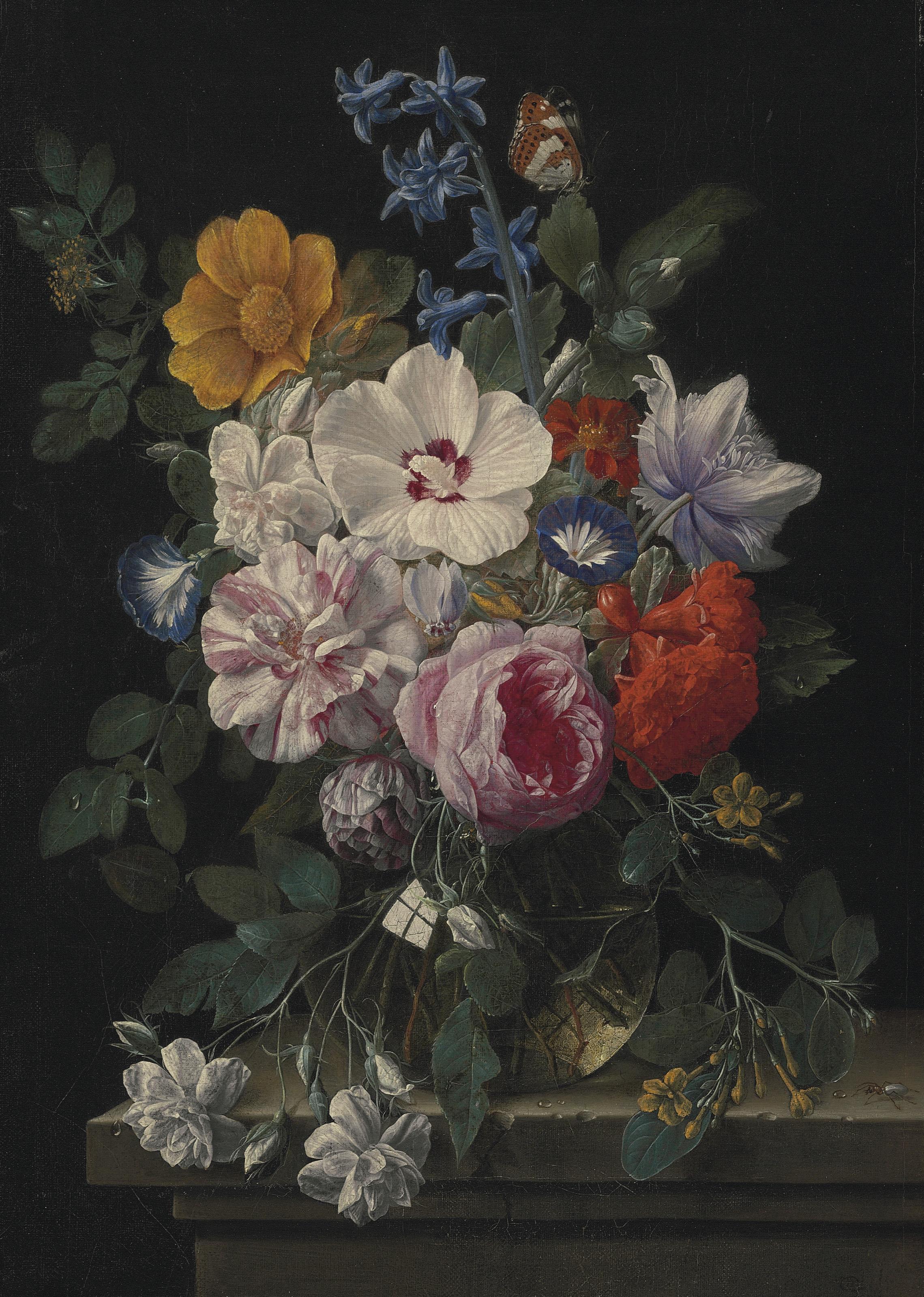 Nicolaes van Veerendael - Flowers In A Glass Vase With A Butterfly And Beetle On A Stone Ledge
