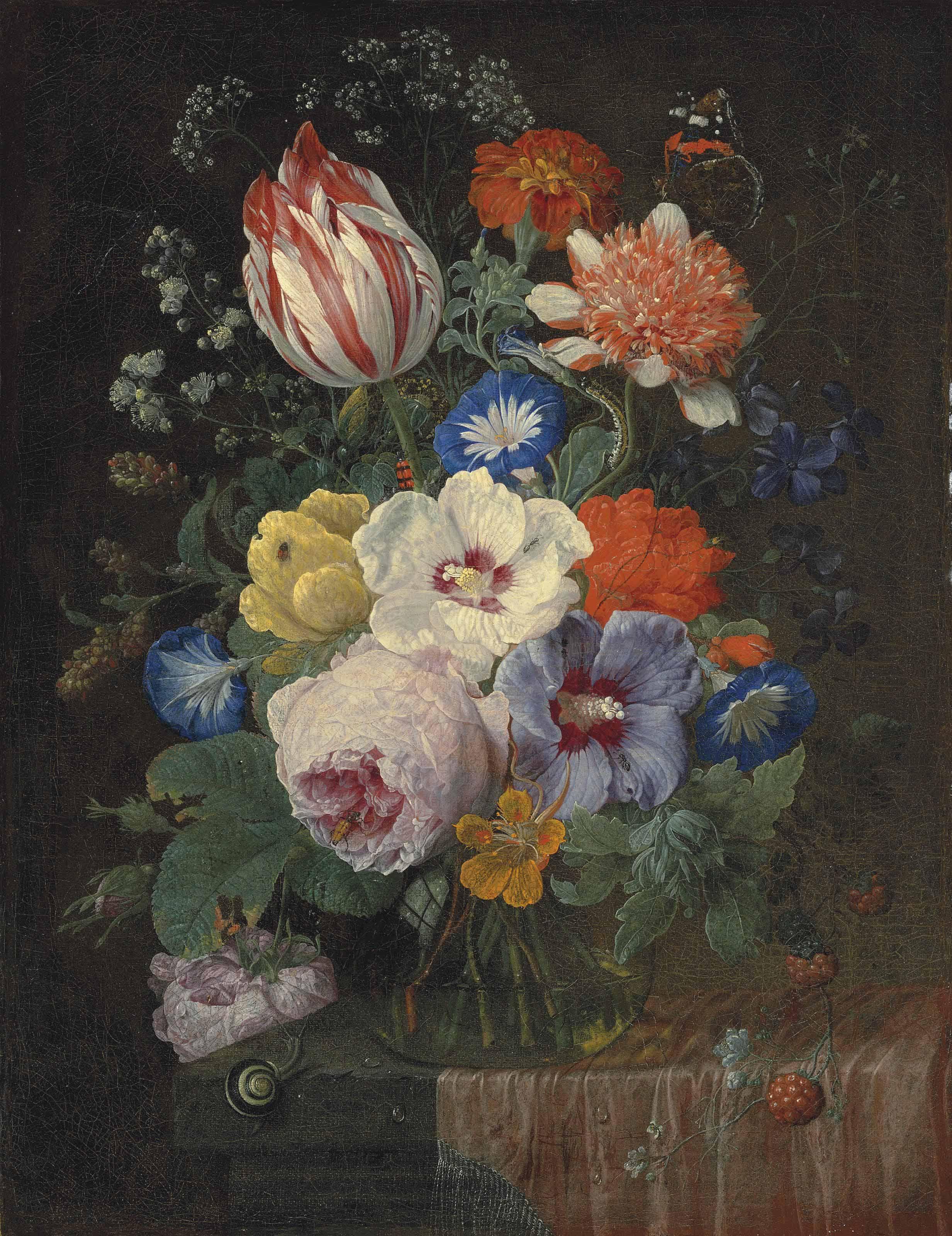 Nicolaes van Veerendael - Peonies, carnations, morning glory, a Semper Augustus tulip and other flowers in a glass vase, with a snail, a butterfly, a dragonfly and other insects on a partially-draped ledge