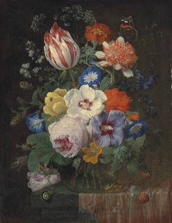 Nicolaes van Veerendael - Peonies, carnations, morning glory, a Semper Augustus tulip and other flowers in a glass vase, with a snail, a butterfly, a dragonfly and other insects on a partially-draped ledge
