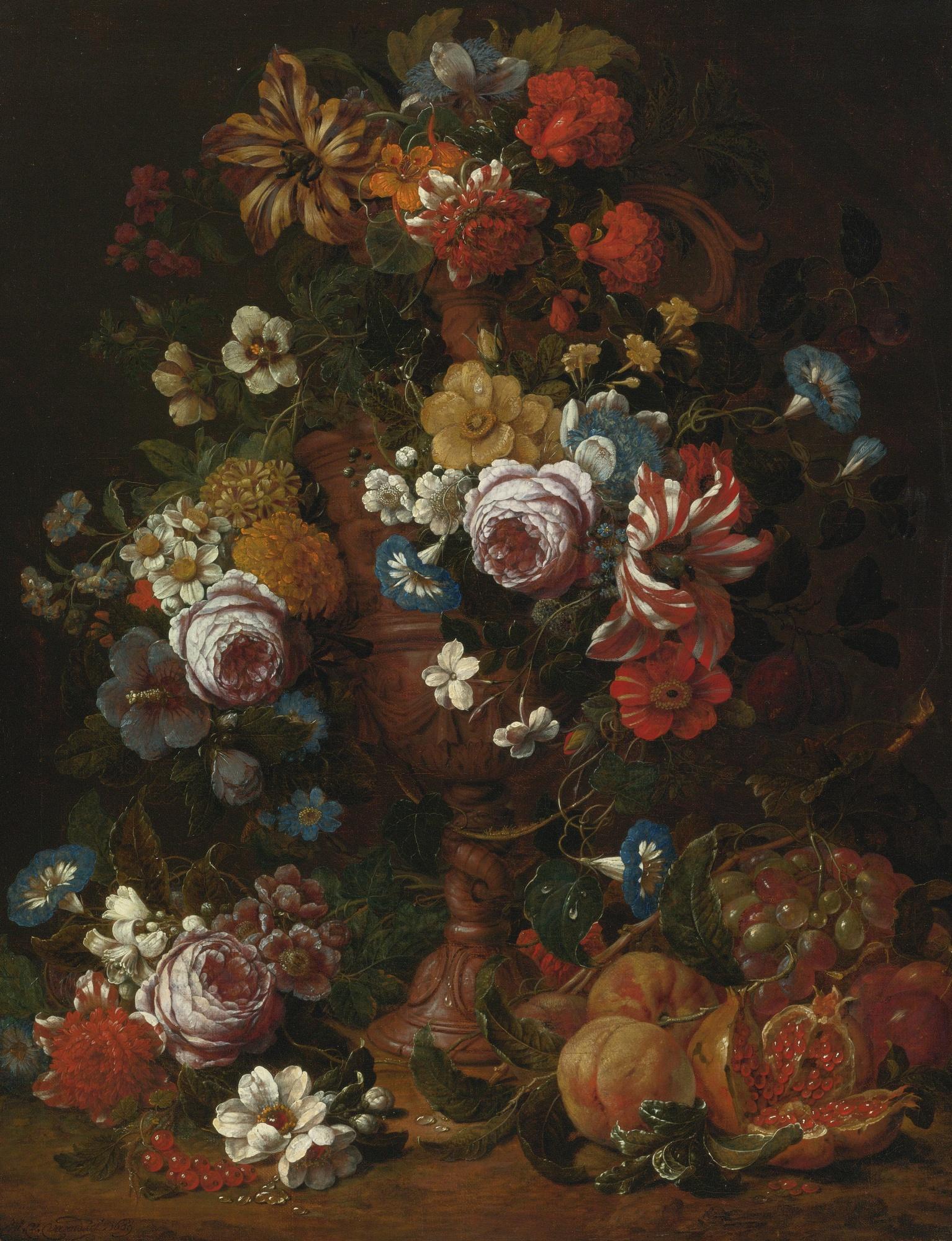 Nicolaes Van Veerendael - Still Life Of Roses, Carnations And Other Flowers In A Sculpted Urn With Fruit And Other Flowers Below