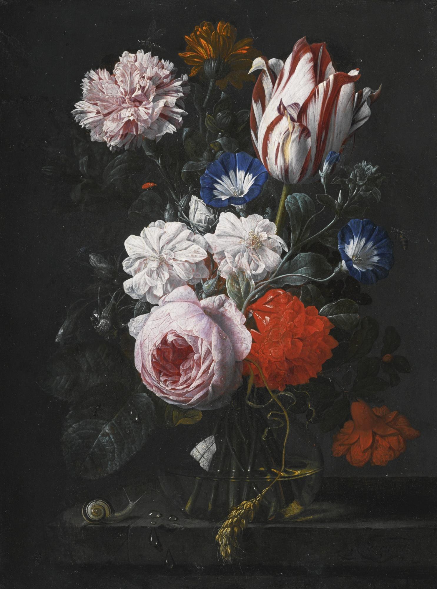 Nicolaes Van Veerendael - Still Life With A Tulip, A Rose, A Carnation And Other Flowers In A Glass Vase, On A Stone Ledge