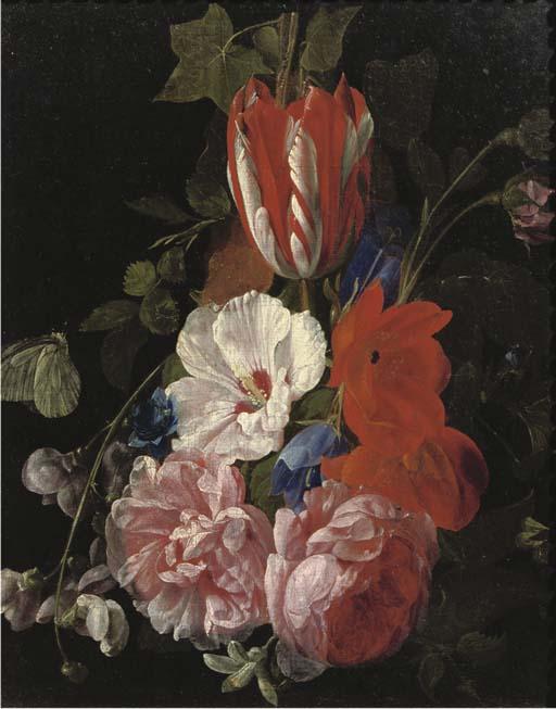 Nicolaes van Verendael - Roses, Tulips, Poppies And Other Flowers With Butterflies: A Fragment
