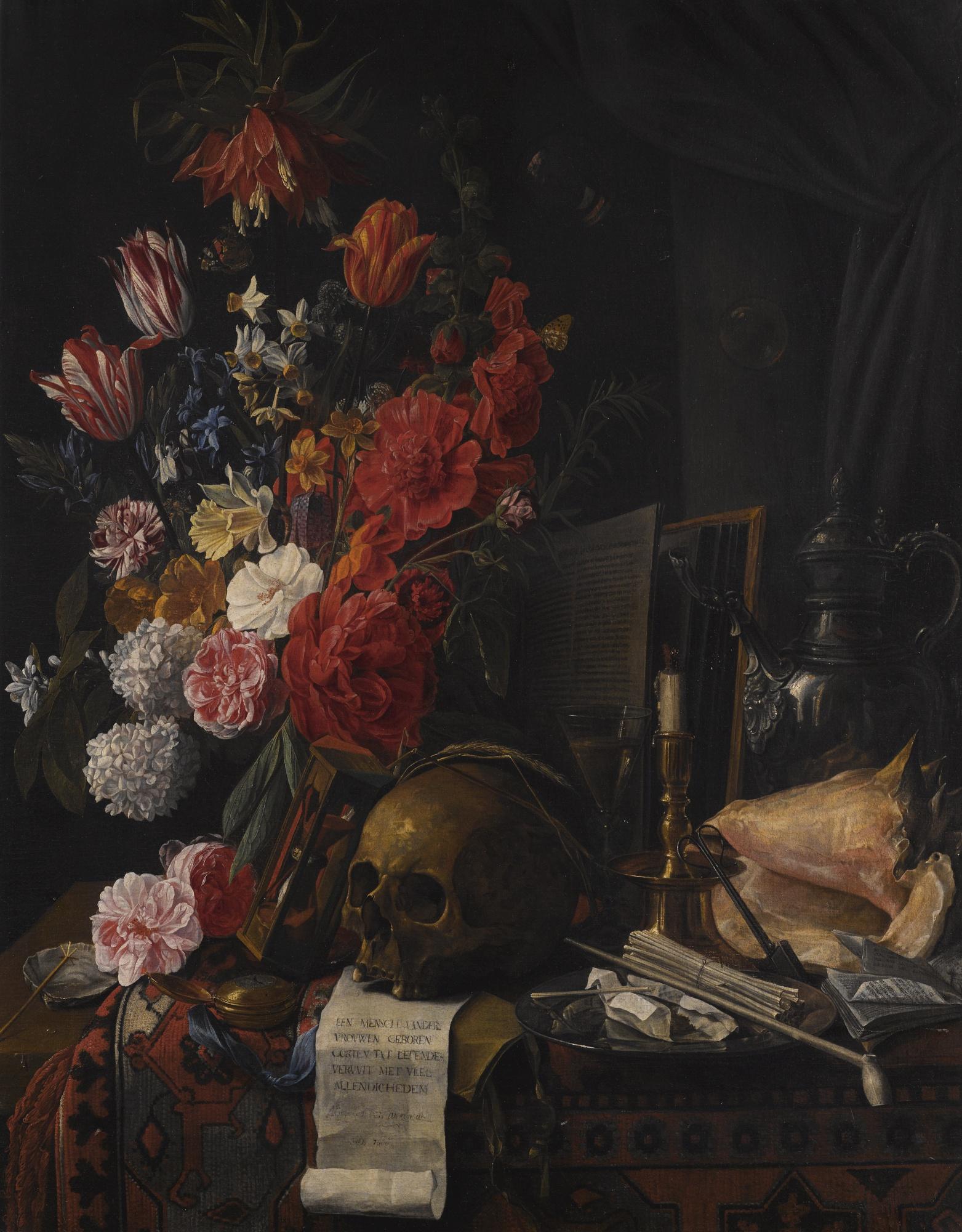 Nicolaes Van Verendael - Vanitas Still Life With Flowers, A Skull, Hourglass, Conch Shell And Silver Jug On A Partially Draped Table