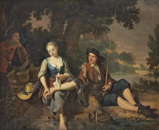 Nicolaes Verkolje - A fisherman and a milkmaid resting on a river bank