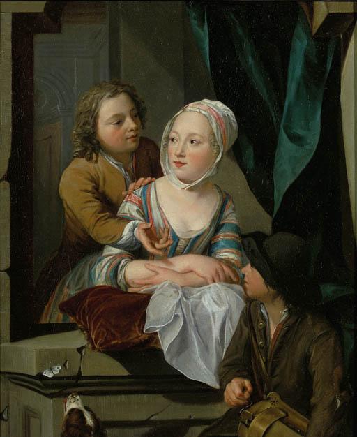 Nicolaes Verkolje - A young couple at a stone window with a hurdy gurdy player nearby