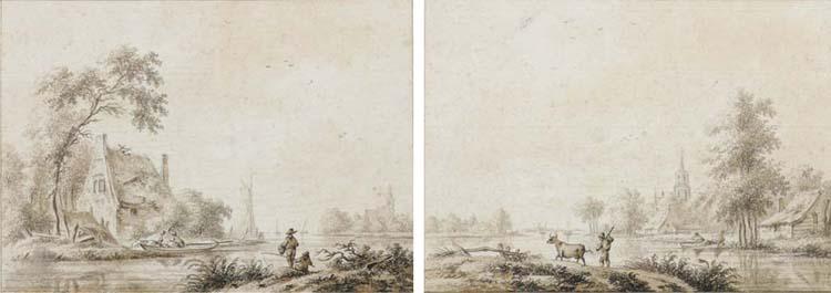 Nicolaes Wicart - An Extensive River Landscape With Fishermen, A Church Seen In The Distance; And A River Landscape With A Herdsman And Cow, A Church Seen Across A Stream Beyond