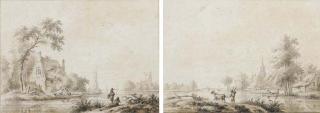 Nicolaes Wicart - An Extensive River Landscape With Fishermen, A Church Seen In The Distance; And A River Landscape With A Herdsman And Cow, A Church Seen Across A Stream Beyond
