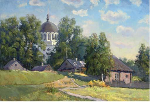 Nicolai Alekseevich Pinigin - Cottages In A Summer Landscape With A Church Beyond