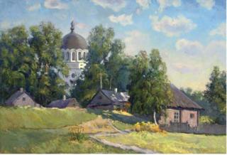 Nicolai Alekseevich Pinigin - Cottages In A Summer Landscape With A Church Beyond