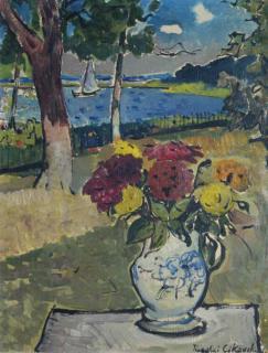 Nicolai Cikovsky - Still life of a vase of flowers in front of a seascape