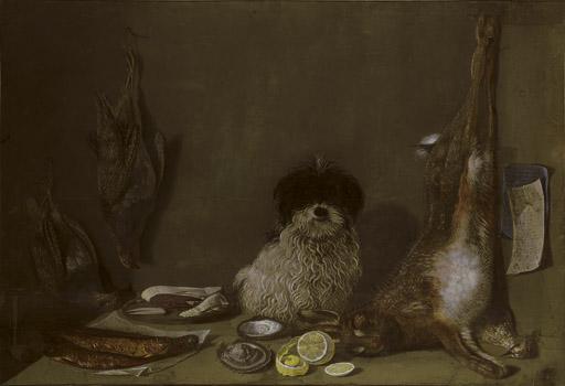 Nicolai Peters Hermanns Sohn - Still life with a dog, a hare, partridges, oysters, a pipe and a lemon