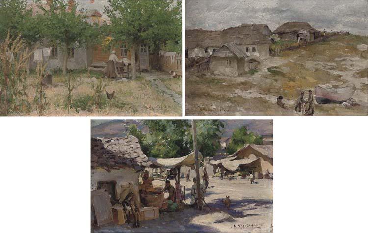 Nicolai Vasil\'Evich Kharitonov - Market Day; Laundry Day; And Friends Meeting Near The Shore