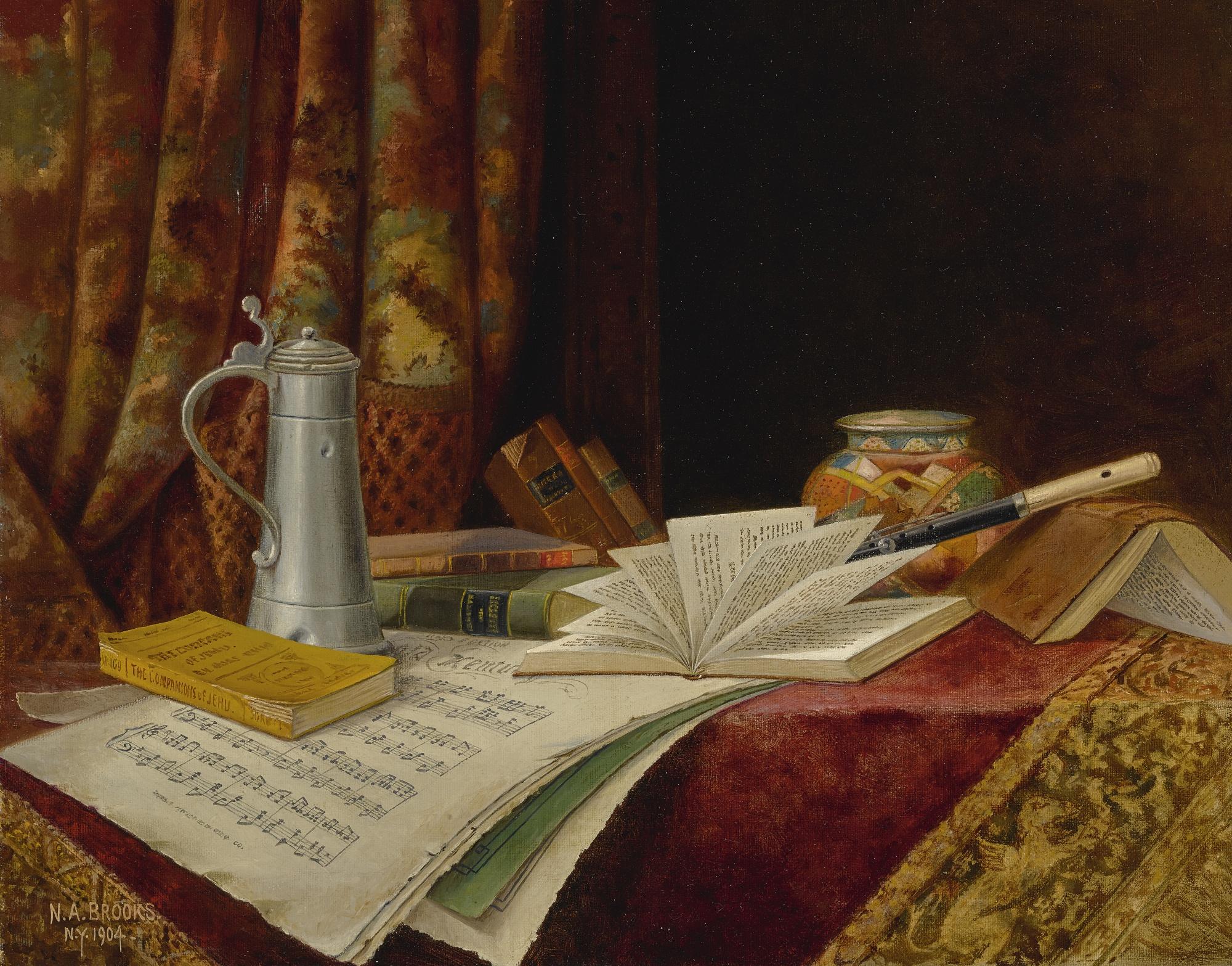 Nicolas Alden Brooks - Still Life With Musical Score Books And Pewter Tankard