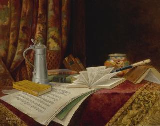 Nicolas Alden Brooks - Still Life With Musical Score Books And Pewter Tankard