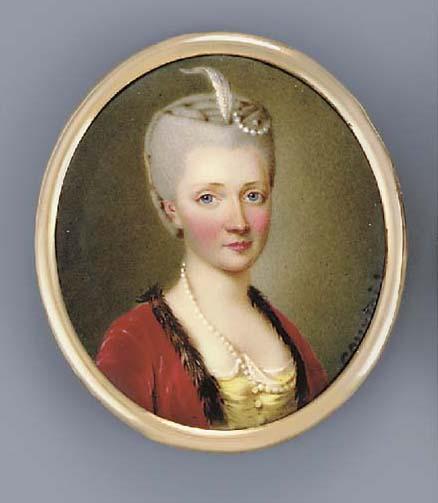 Nicolas-André Courtois - A young lady, facing right in yellow silk dress with white underslip, fur-bordered red velvet jacket, string of pearls fastened at corsage, white plume and pearls in her upswept powdered hair