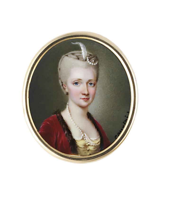 Nicolas-André Courtois - A young lady, in yellow satin gown with white lawn shift, fur-bordered claret-coloured velvet coat, strand of pearls fastened at corsage, white plume and pearls in her upswept powdered hair