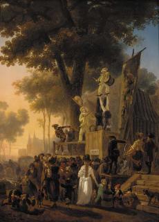 Nicolas-Antoine Taunay - A park in Paris with a crowd watching a performance of the Commedia dell\'arte, a view of the Conciergerie beyond