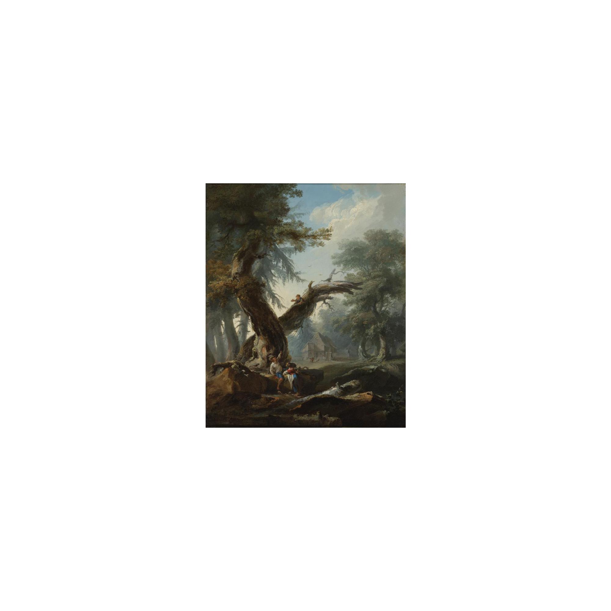 Nicolas-Antoine Taunay - Landscape With A Couple By The Edge Of A Wood, A Young Child In A Tree Above Holding A Bird\'S Nest