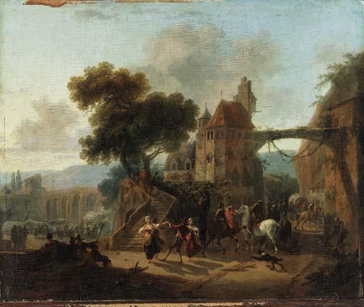 Nicolas-Antoine Taunay - Villagers dancing by a gatehouse, an aqueduct beyond