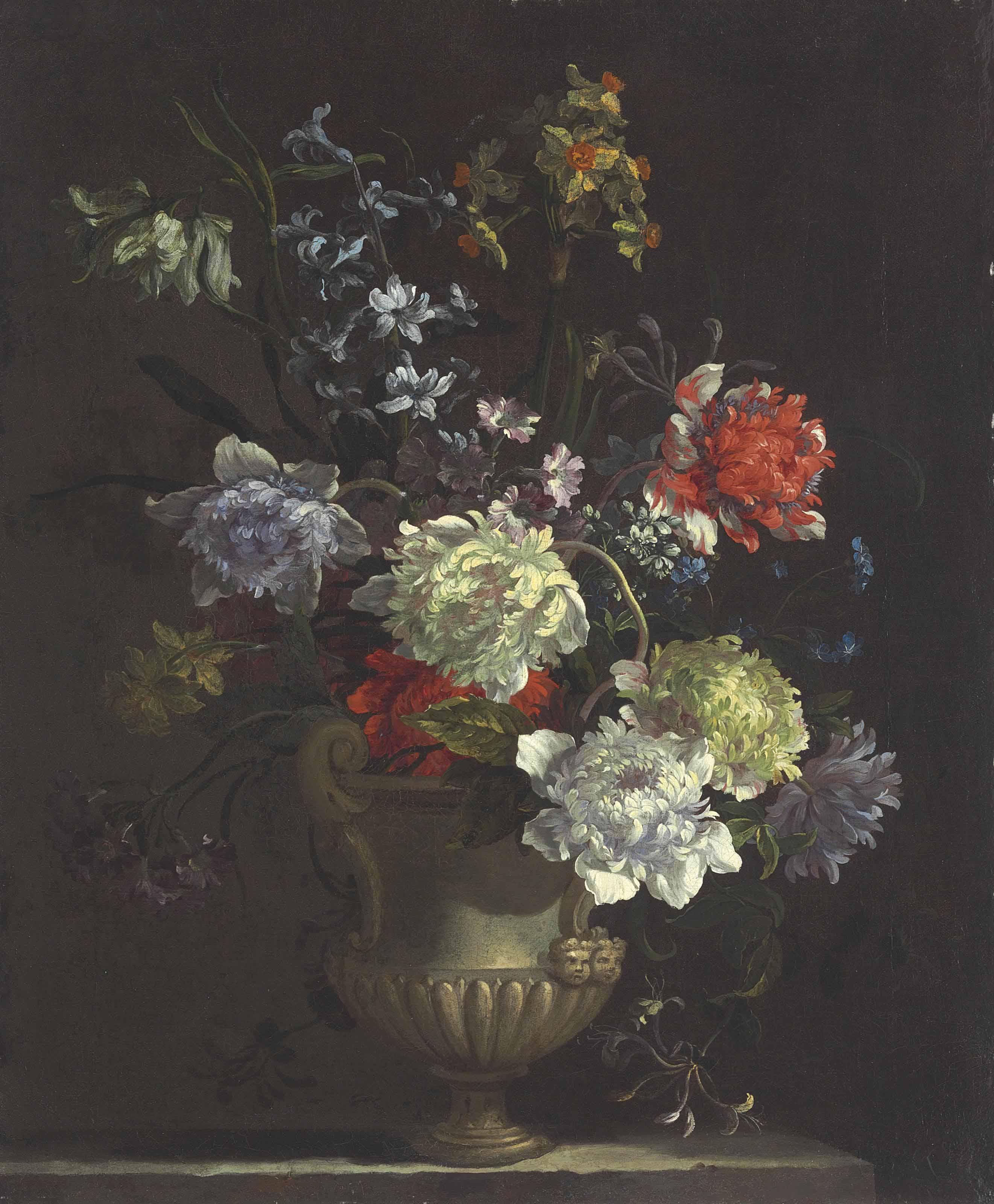 Nicolas Baudesson - A Morning Glory, Chrysanthemums, Carnations And Other Flowers In An Antique Vase