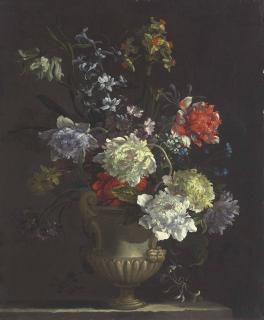 Nicolas Baudesson - A Morning Glory, Chrysanthemums, Carnations And Other Flowers In An Antique Vase