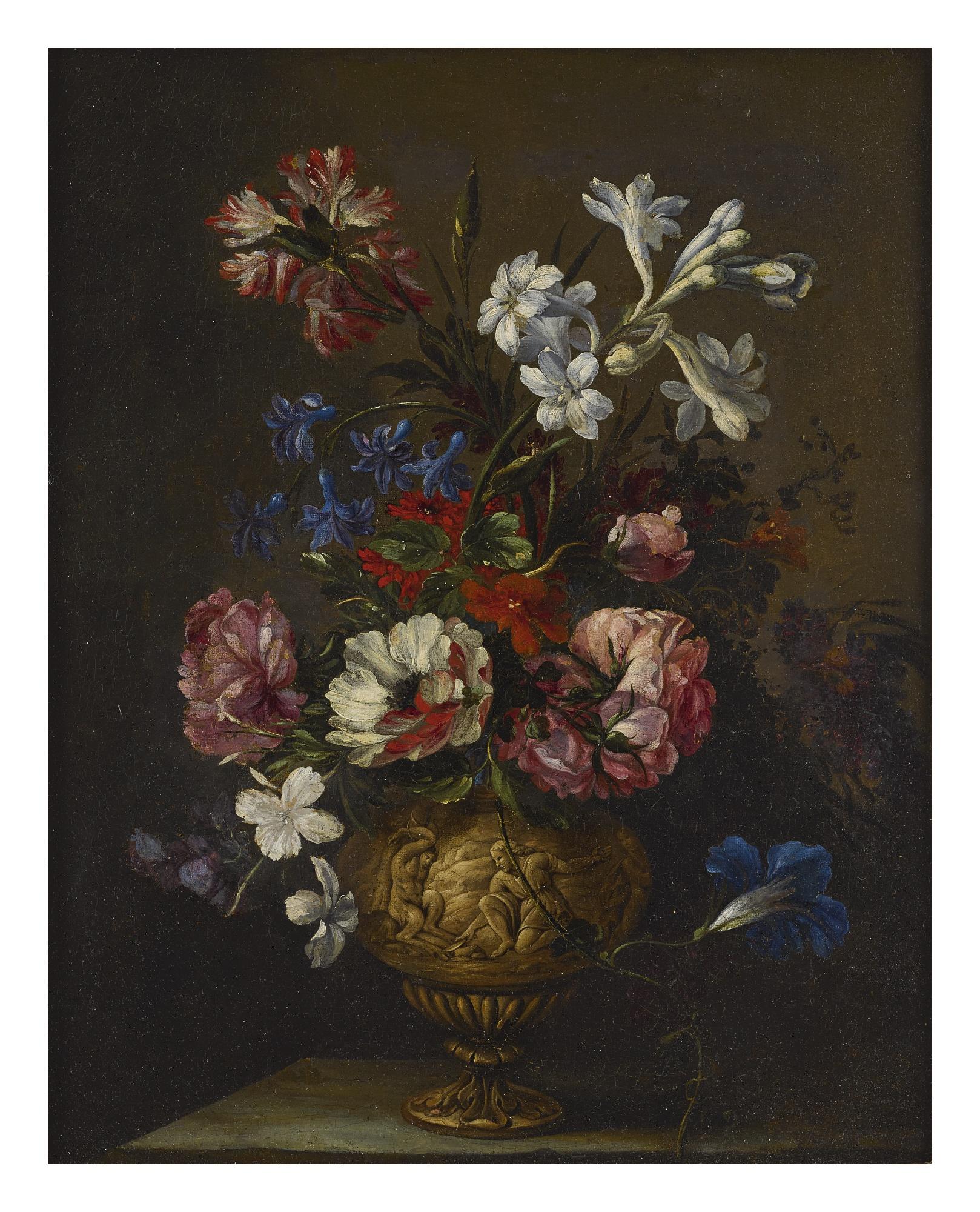 Nicolas Baudesson - A Still Life Of Roses, Hyacinths, Carnations, And Other Flowers In An Ornamental Vase Depicting The Flaying Of Marsyas