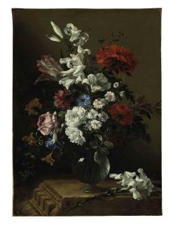 Nicolas Baudesson - Lilies, roses, tulips, carnations, and other flowers in a glass vase on a classical architectural fragment