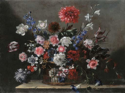 Nicolas Baudesson - Poppies, tulips, morning glory and other flowers in a basket on a stone ledge