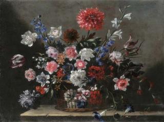Nicolas Baudesson - Poppies, tulips, morning glory and other flowers in a basket on a stone ledge