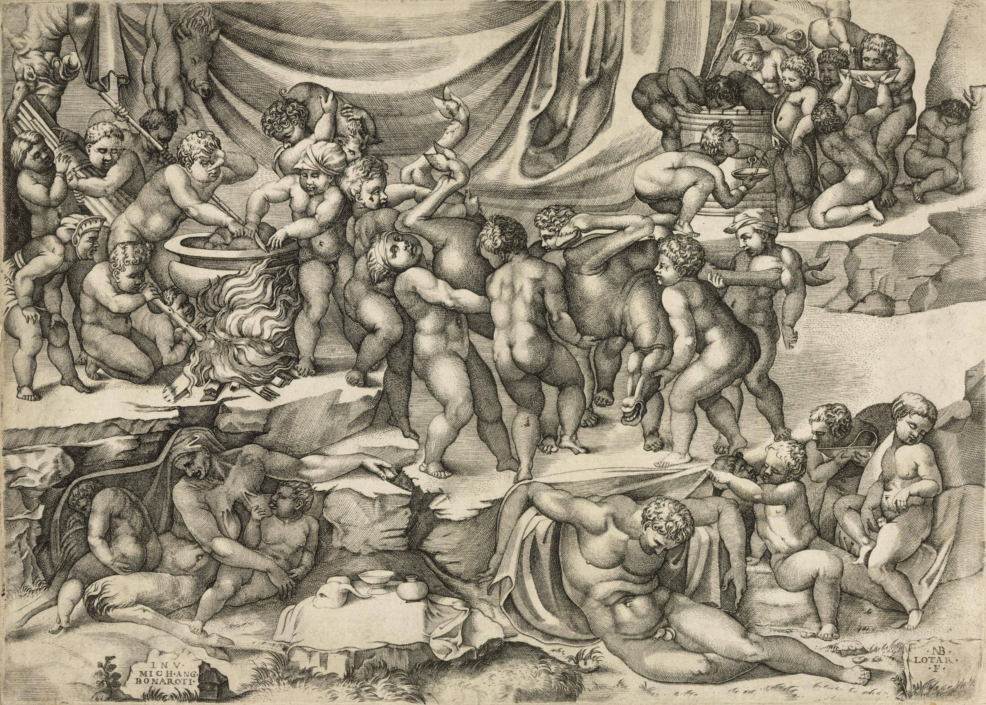 Nicolas Beatrizet - A Bacchanal with Putti carrying an Ass into a Cooking-Pot
