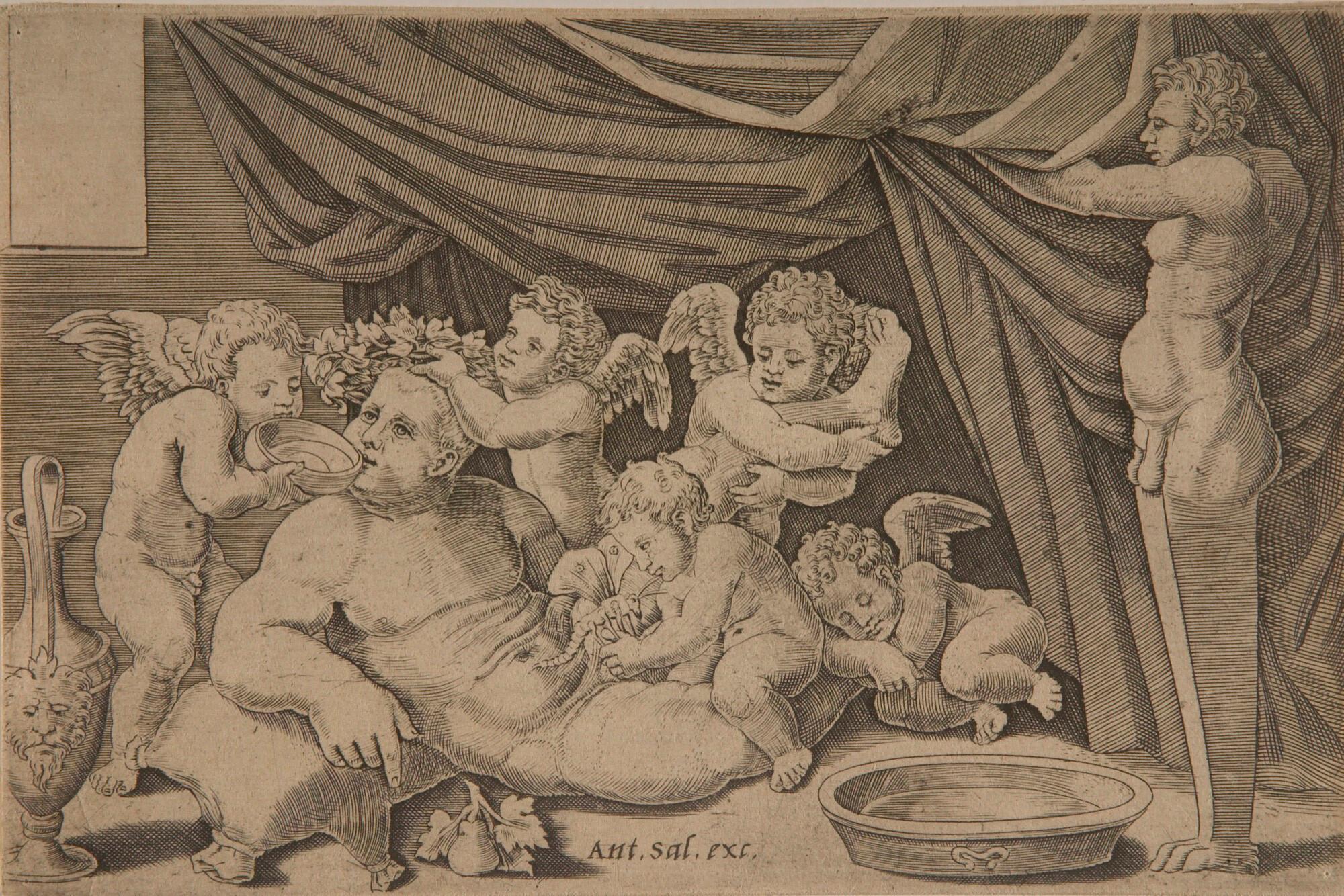 Nicolas Beatrizet - Bacchus von Putti umgeben.