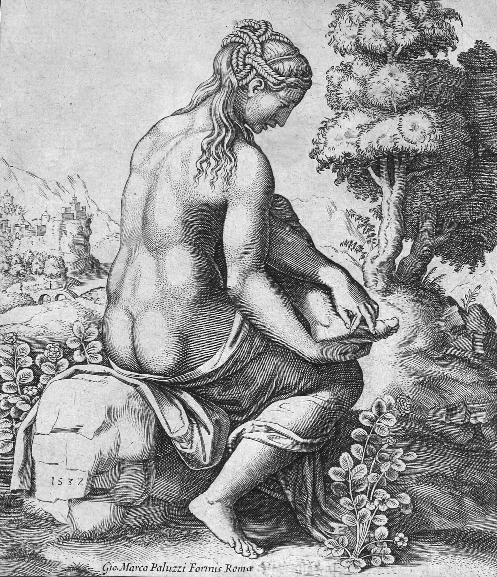 Nicolas Beatrizet - Venus, von den Dornen des Rosenstockes verwundet.