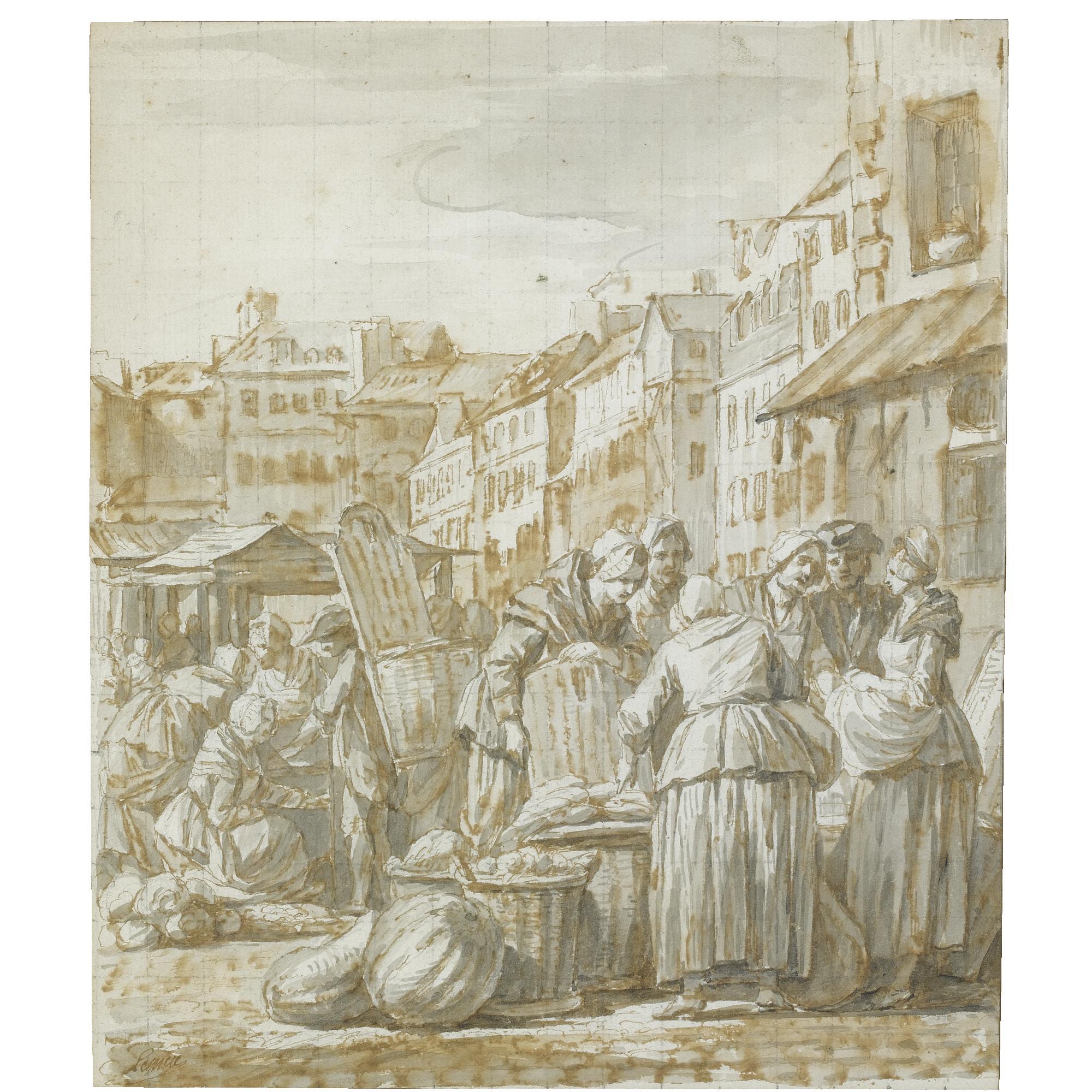 Nicolas-Bernard Lépicié - Women Gathered At A Street Market