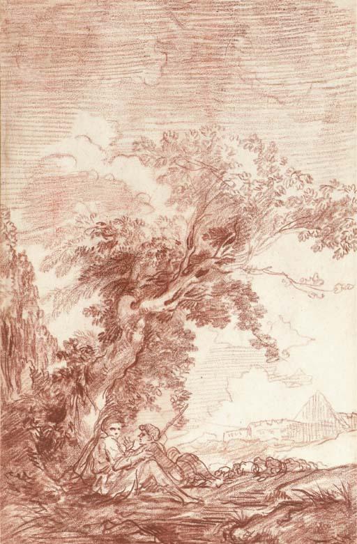Nicolas-Charles De Silvestre - Two shepherds sitting under a tree in a landscape
