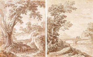 Nicolas-Charles Silvestre - A Wooded Landscape With A Gully; And A River Landscape With Travellers On A Bridge
