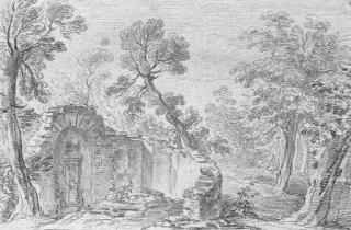 Nicolas-Charles Silvestre - A Wooded Landscape With A Ruined Garden Wall With A Niche