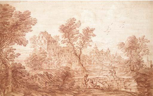 Nicolas-Charles Silvestre - An extensive landscape with fishermen and travellers on a bridge, a town in the background