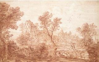 Nicolas-Charles Silvestre - An extensive landscape with fishermen and travellers on a bridge, a town in the background