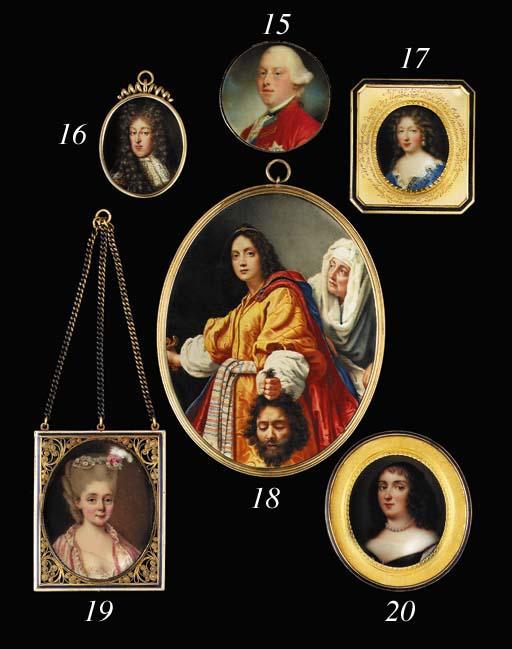 Nicolas Claude Vassal - A young lady, facing right in lace-bordered low-cut white dress, lace-bordered pink and white striped surcoat with pink ribbons, pink and white roses and white plumes in her upswept powdered hair