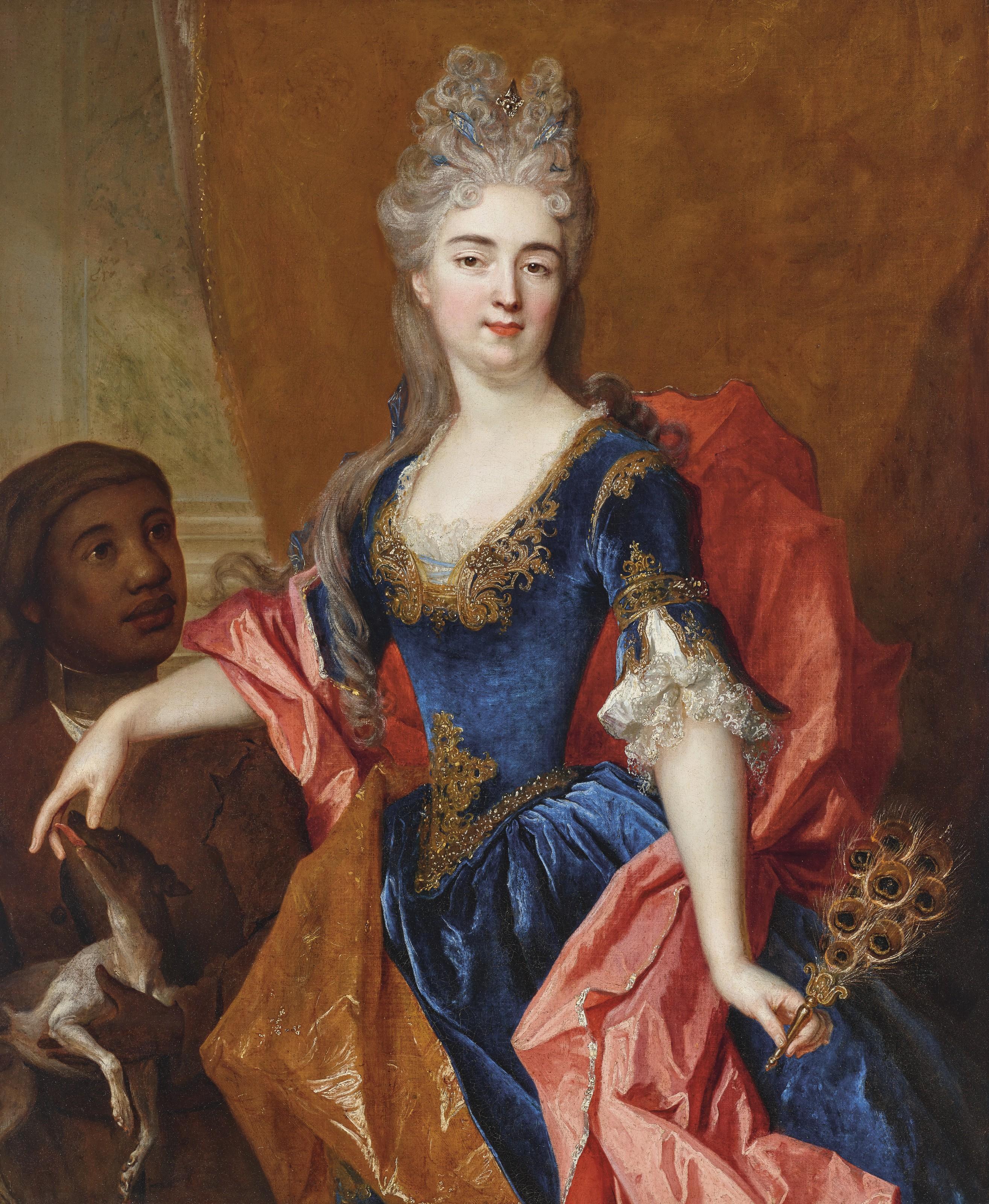 Nicolas De Largillière - Portrait of a lady, holding a peacock feather fan with her servant, holding a dog