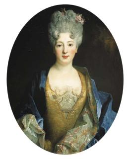 Nicolas De Largillière - Portrait of a lady, possibly Marie-Adélaïde de Savoie (1685-1712), Duchesse de Bourgogne, half-length, in an embroidered gold dress and a blue mantle